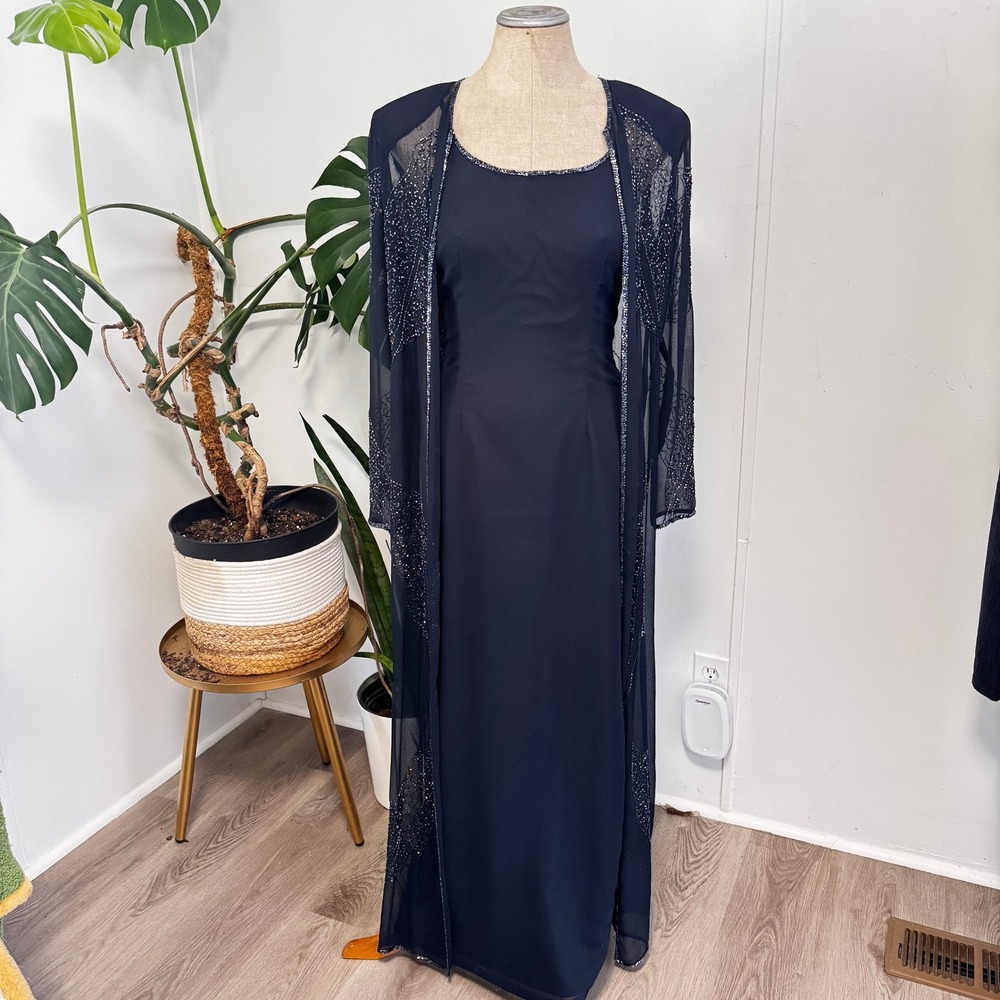 Jkara New York Evening Gown Set 6 Navy Blue Beaded Sequin Maxi Dress Duster